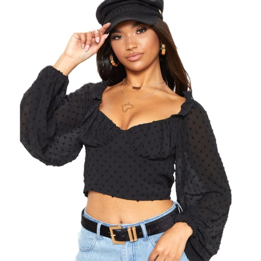 NWT PrettyLittleThing PLT Black Milkmaid Top Size 12 Swiss Dot Long Sleeve